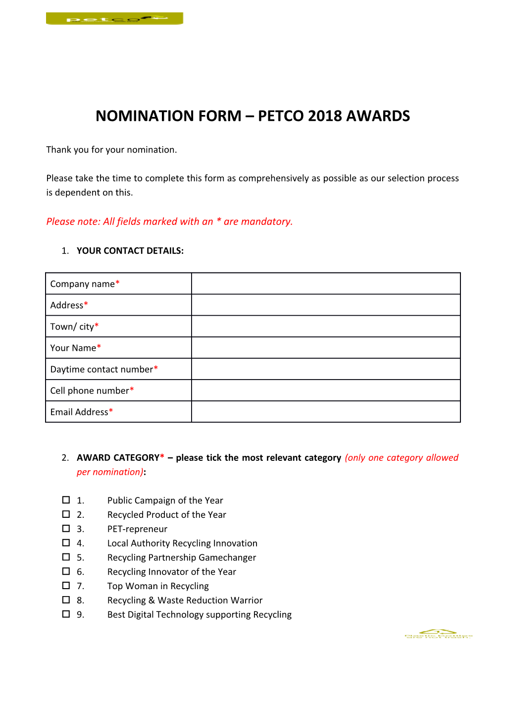 Nomination Form Petco 2018 Awards