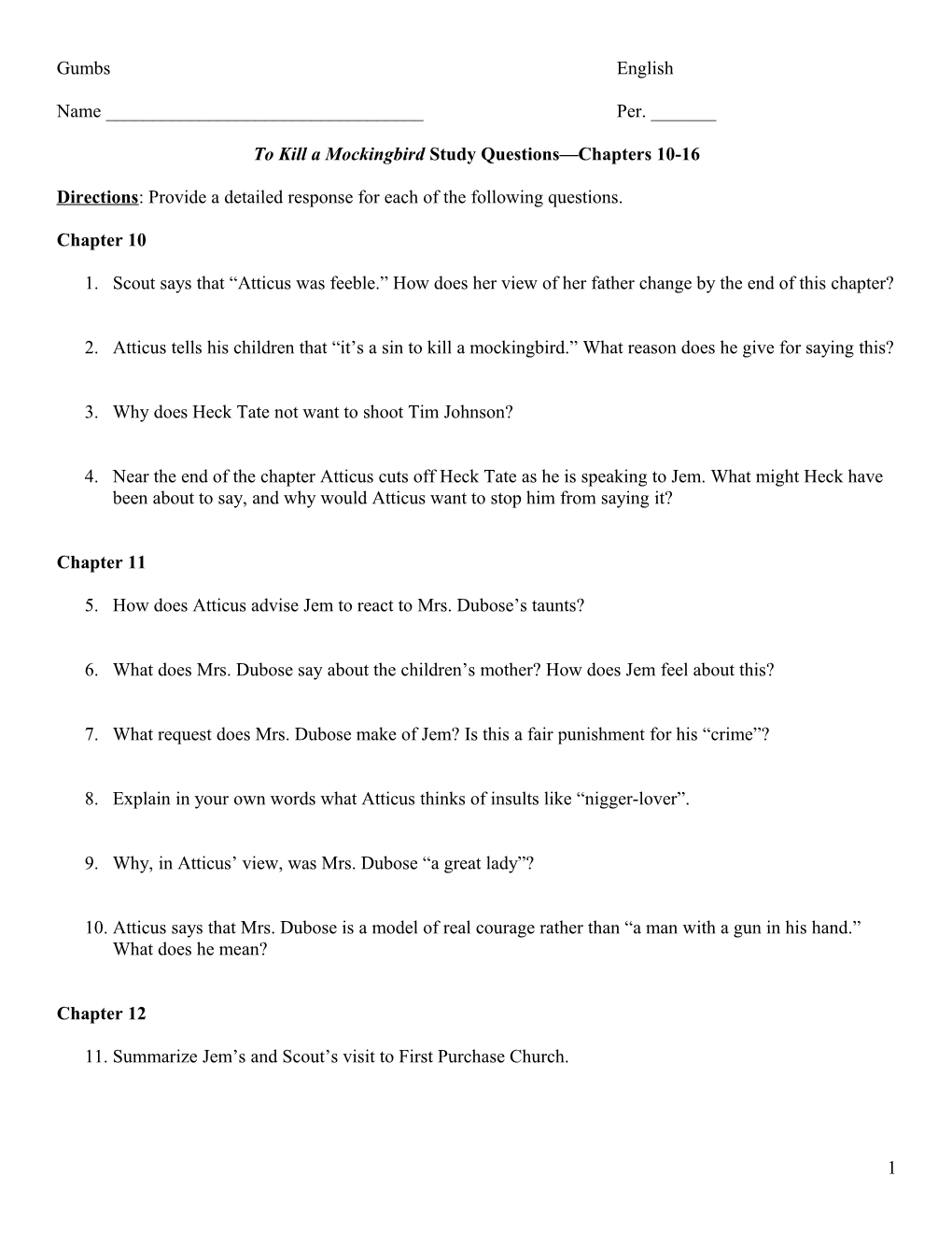 To Kill a Mockingbird Study Questions Chapters 10-16