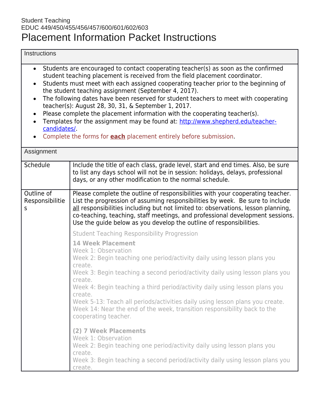 Placement Information Packet Instructions