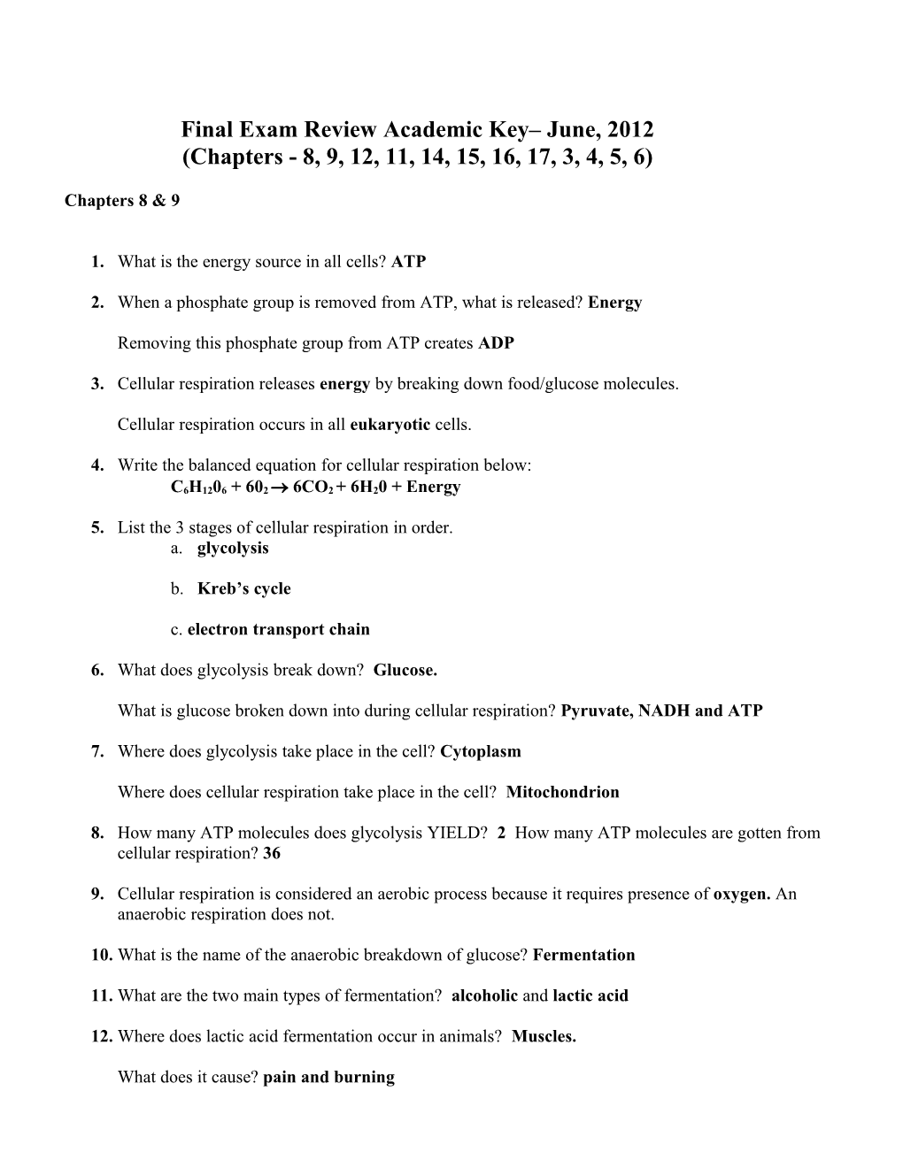 Final Exam Review - June, 2003 (Chapters 7 - 12)
