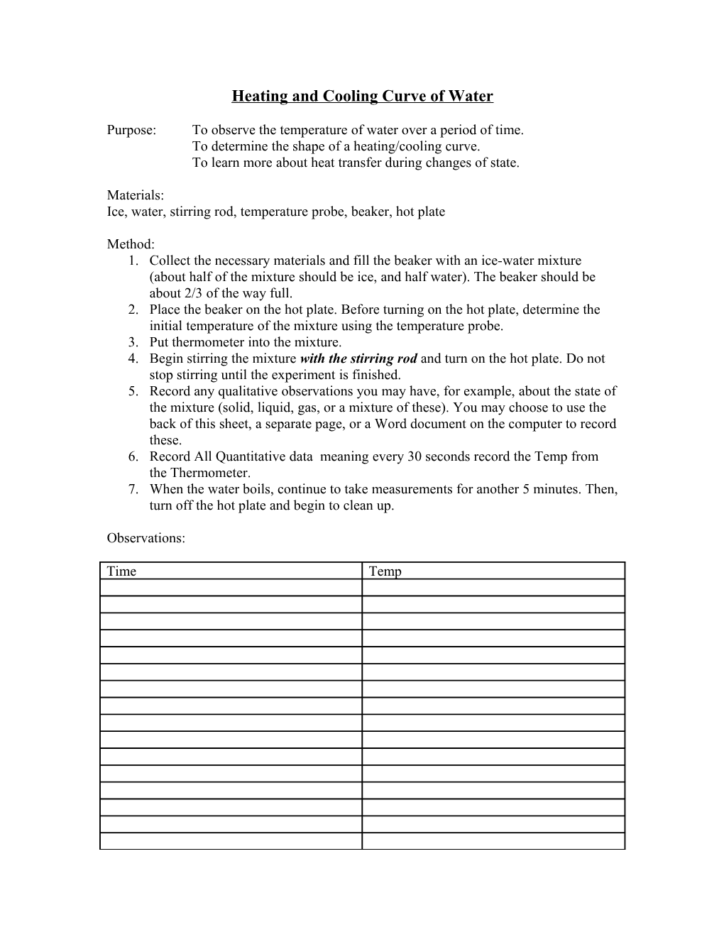 Heating and Cooling Curve of Water