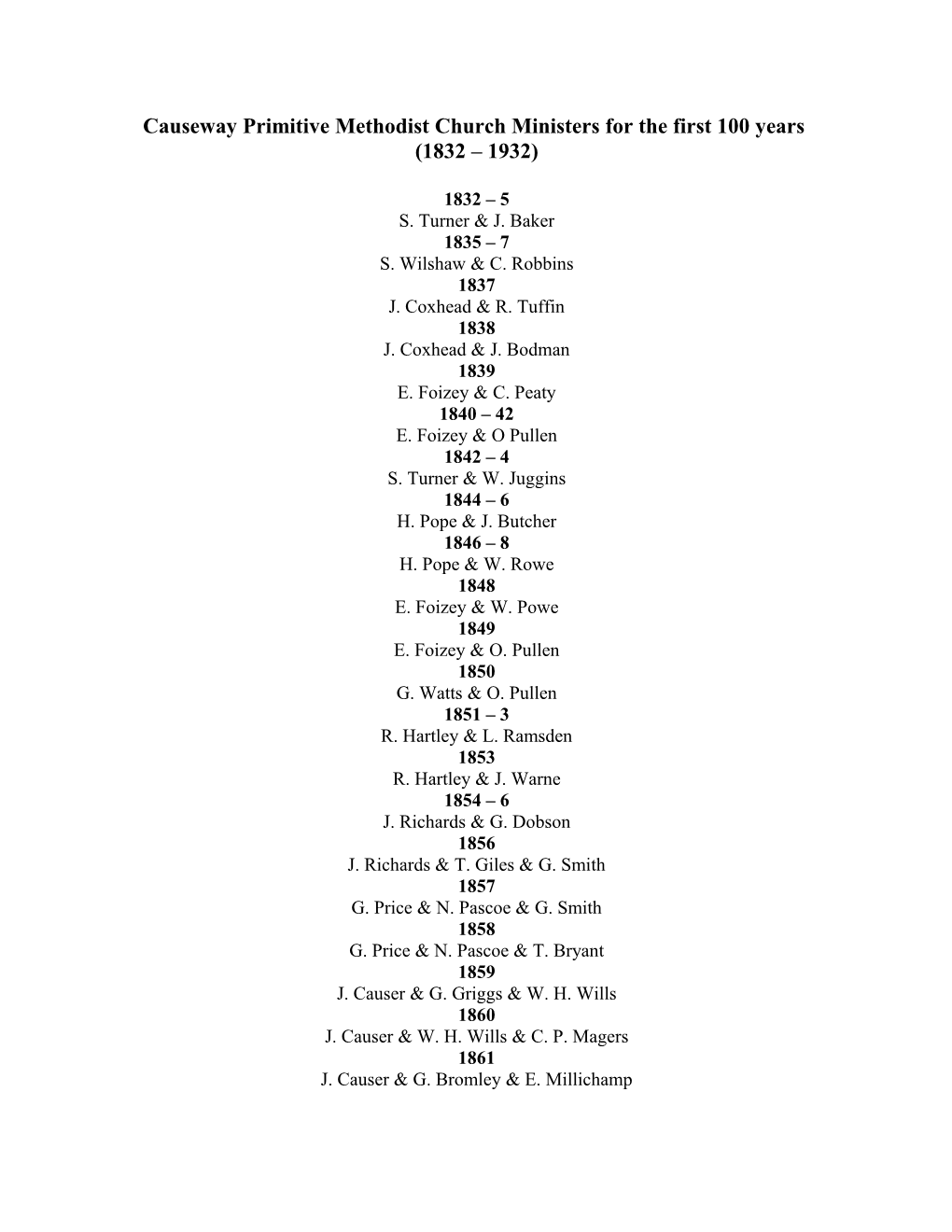 Causeway Methodist Church Ministers for the First 100 Years