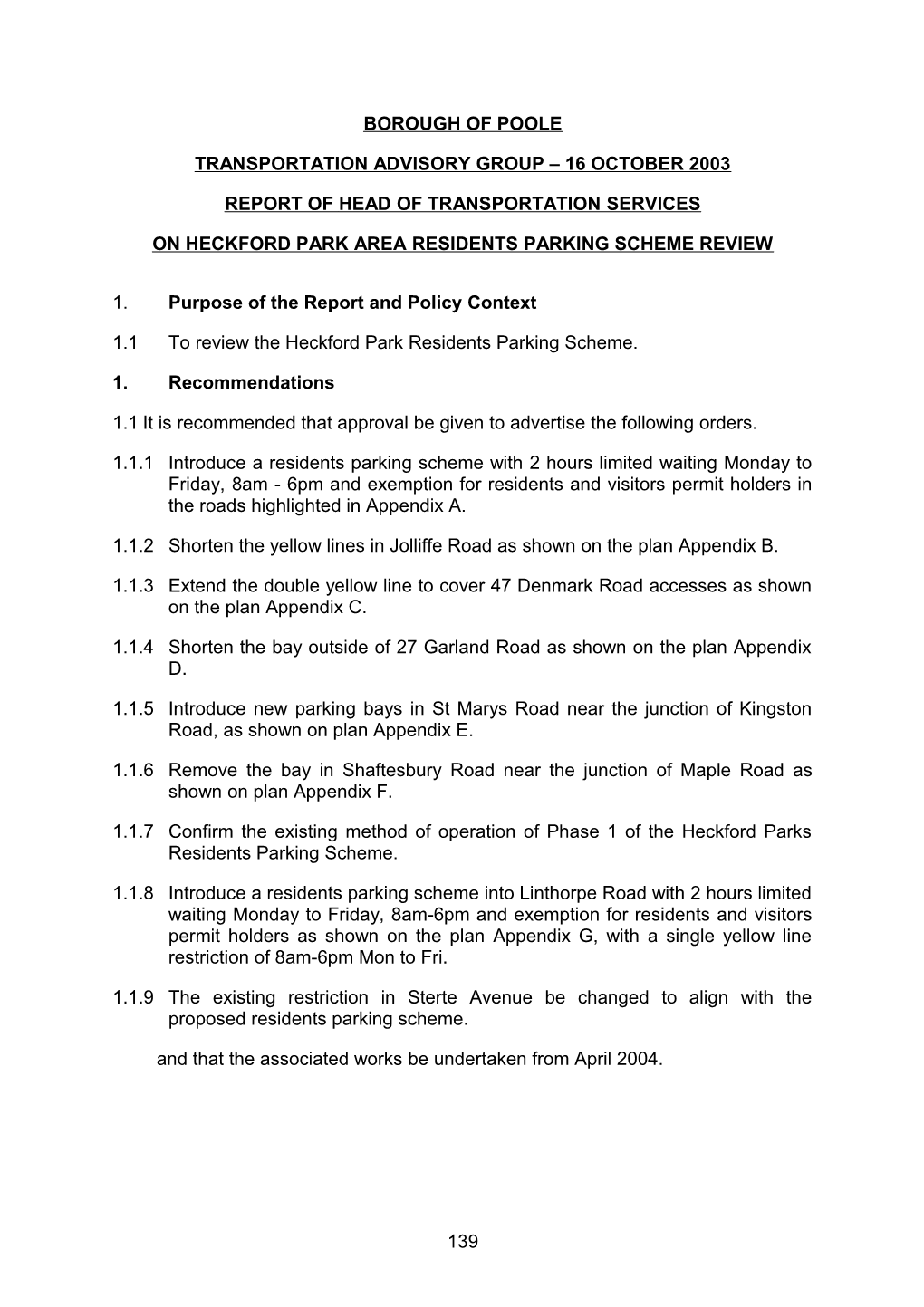 PFD - Councillor Parker - 16 October 2003 - Controlled Parking Zones Heckford Park - Report