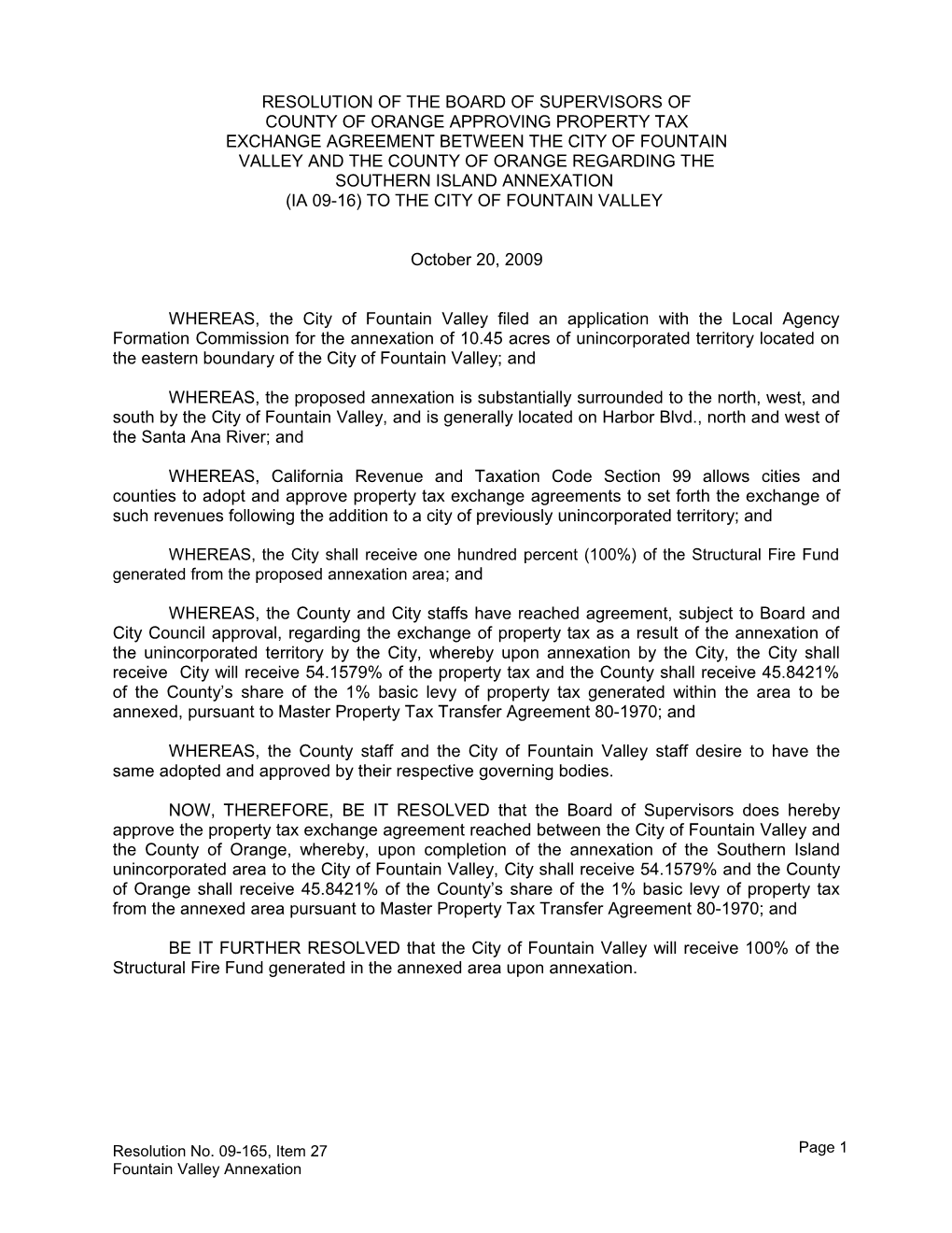 Resolution of the Board of Supervisors of County of Orange Approving Property Tax Exchange
