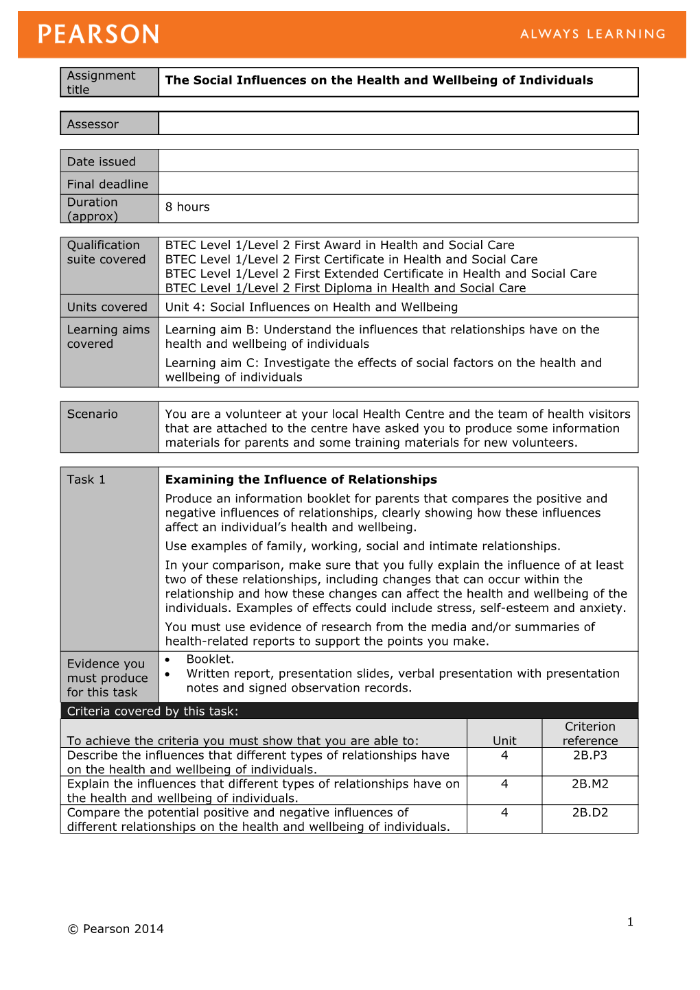 Unit 4: Social Influences on Health and Wellbeing - Authorised Assignment Brief for Learning