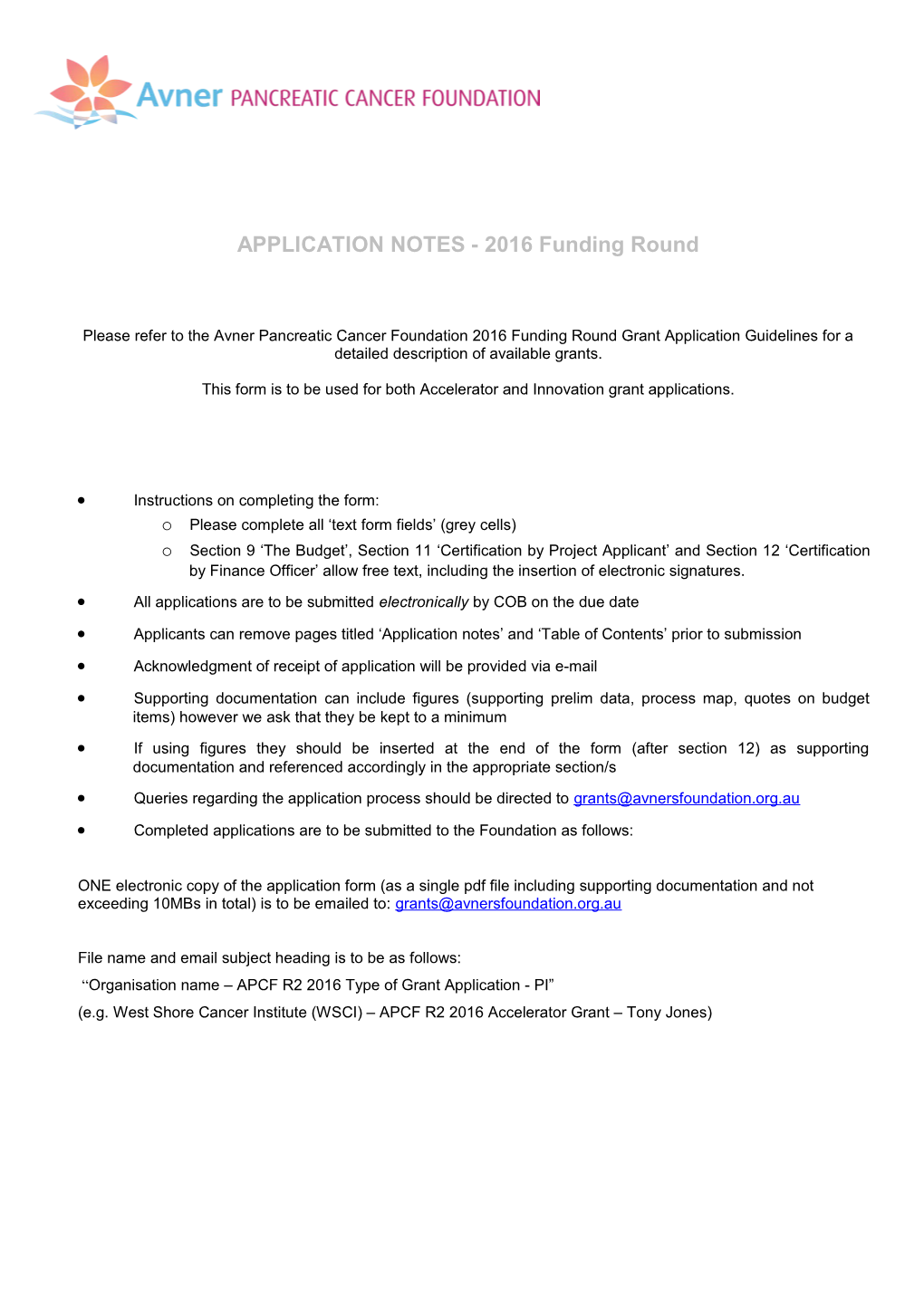 APPLICATION NOTES - 2016 Funding Round