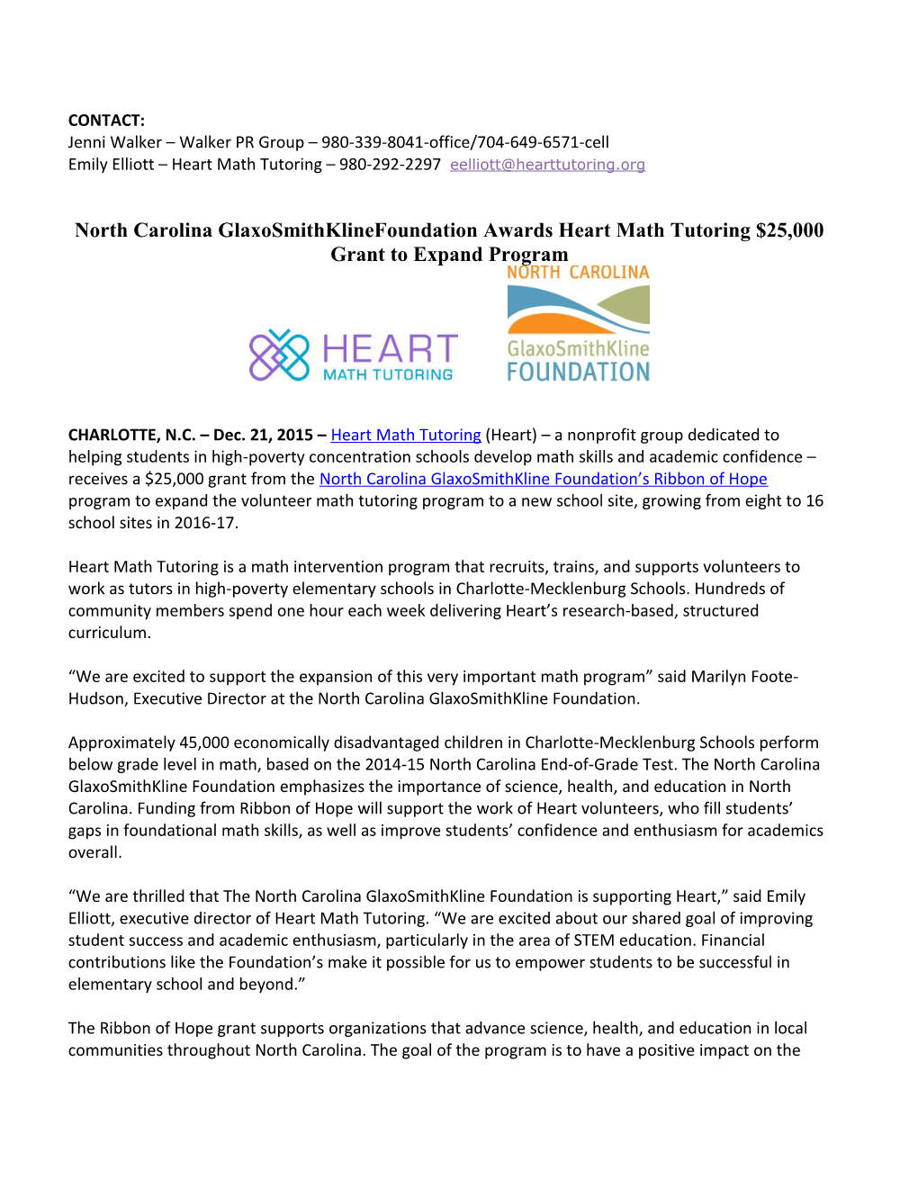 North Carolina Glaxosmithklinefoundation Awards Heart Math Tutoring$25,000 Grant to Expand