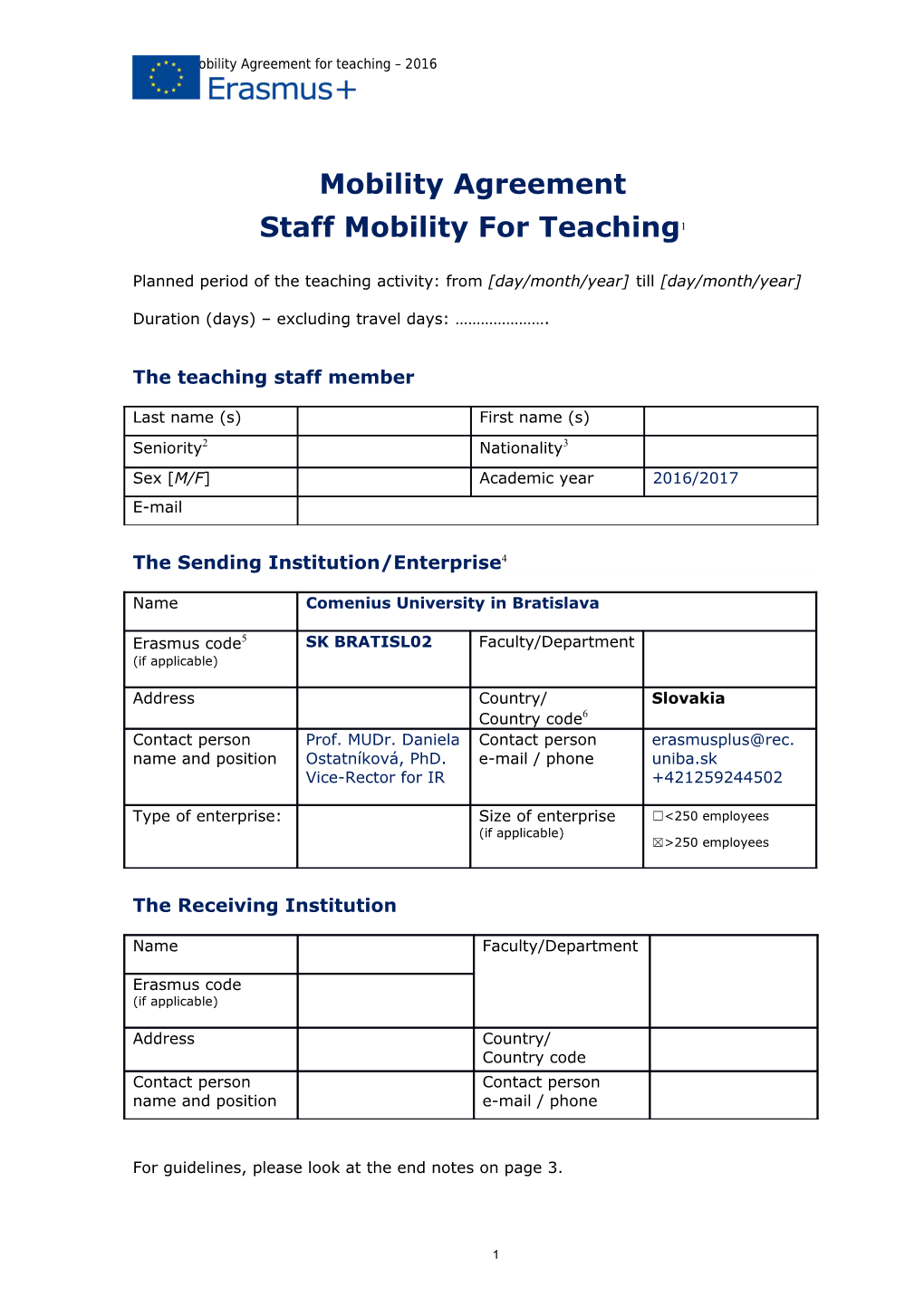 HE Staff Mobility Agreement for Teaching 2016