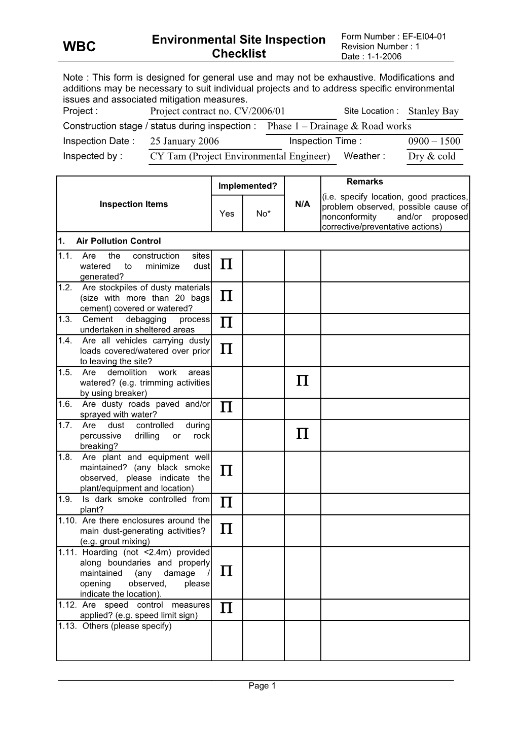 Environmental Site Inspection Checklist