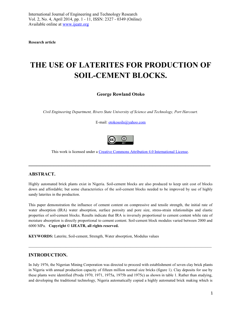 The Use of Laterites for Production of Soil-Cement Blocks
