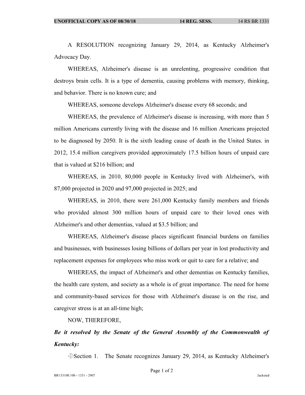 A RESOLUTION Recognizing January 29, 2014, As Kentucky Alzheimer's Advocacy Day