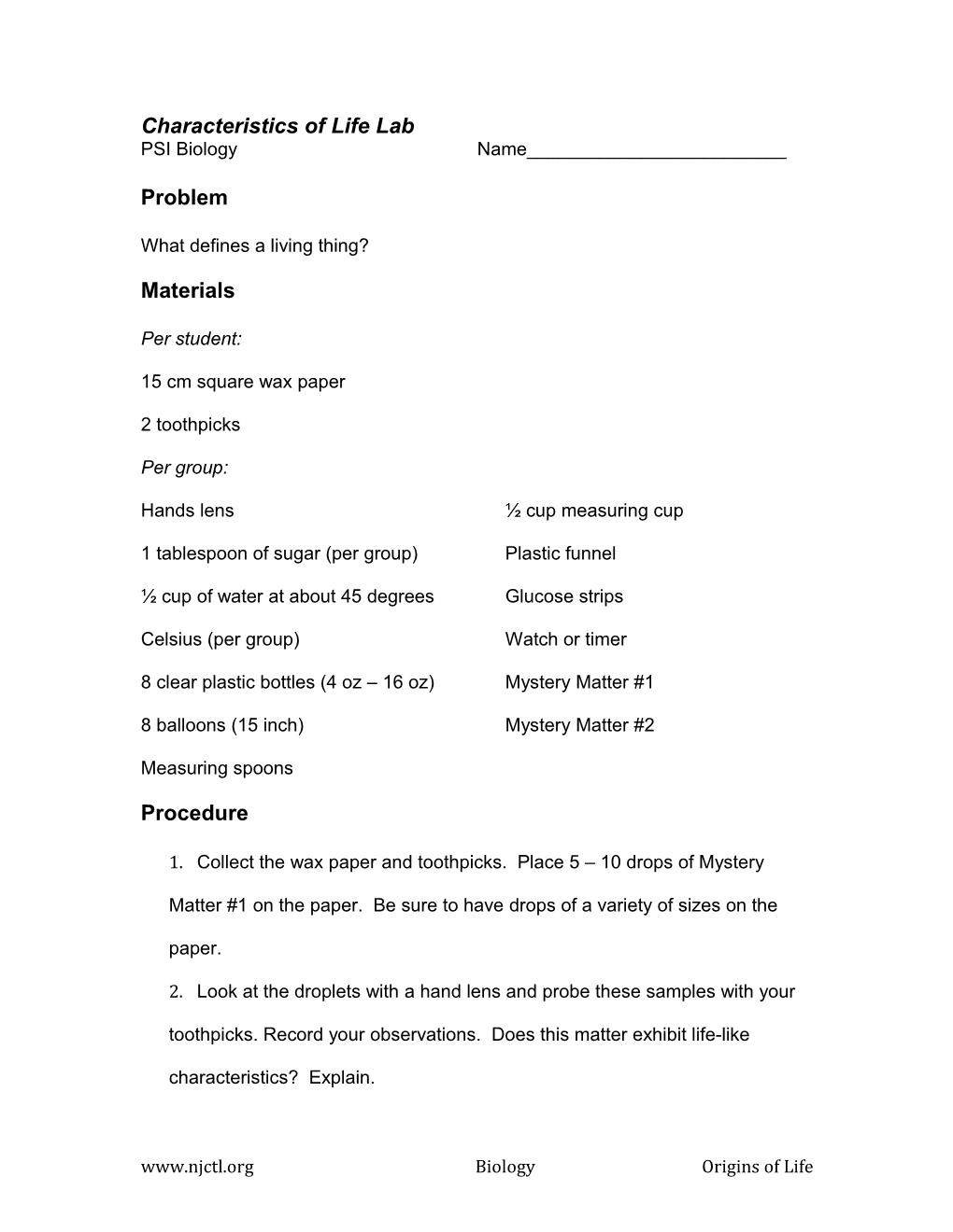 Characteristics of Life Lab s1