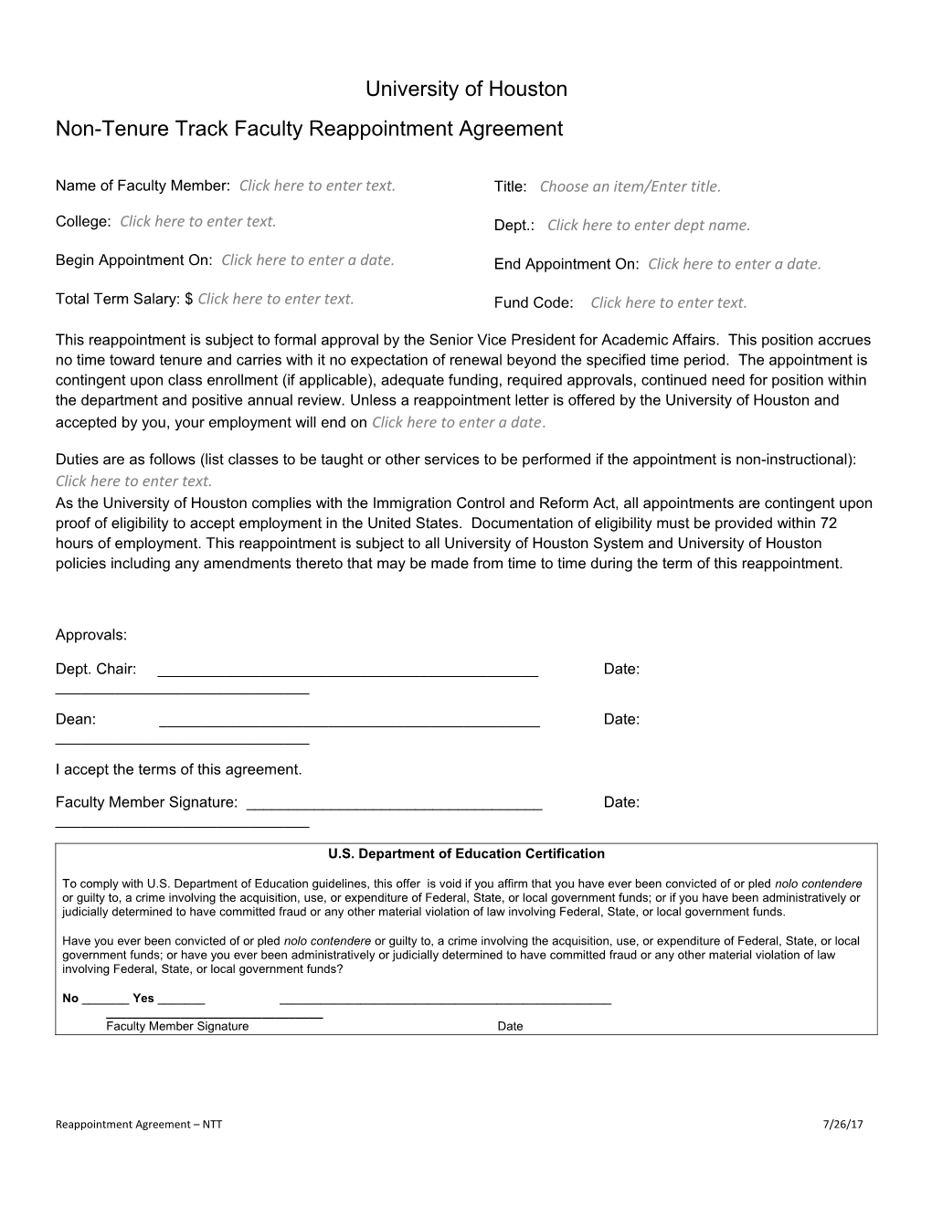 Non-Tenure Track Faculty Reappointment Agreement