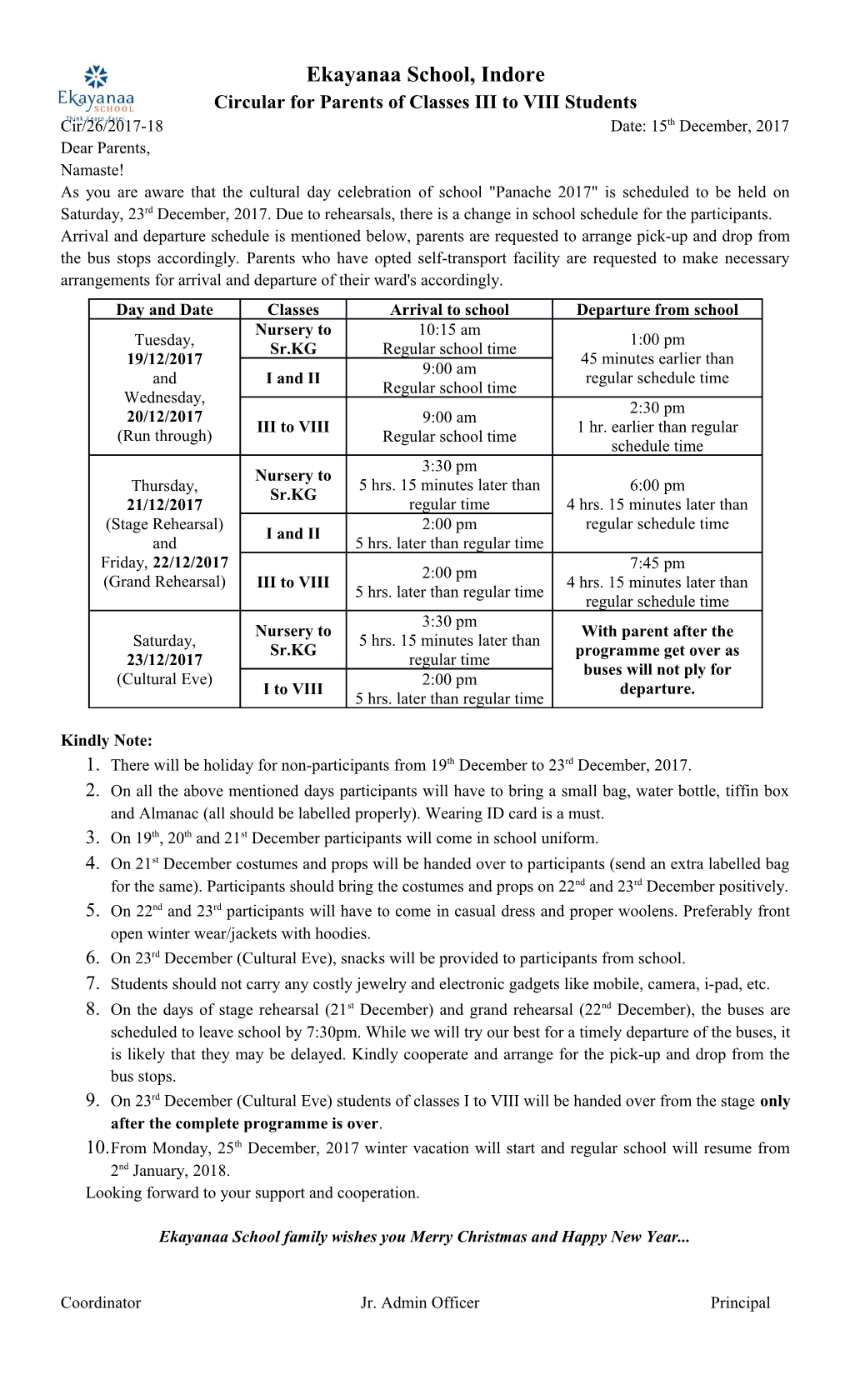 Circular for Parents of Classes III to VIII Students