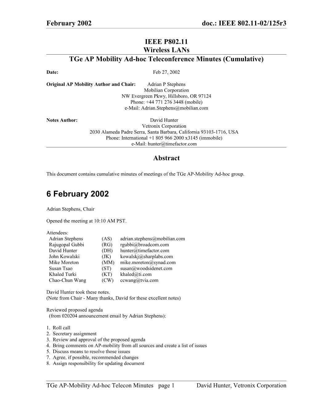 Tge AP Mobility Ad-Hoc Teleconference Minutes (Cumulative)