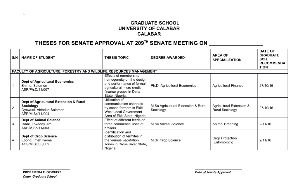 Theses for Senate Approval at 209Th Senate Meeting on ______