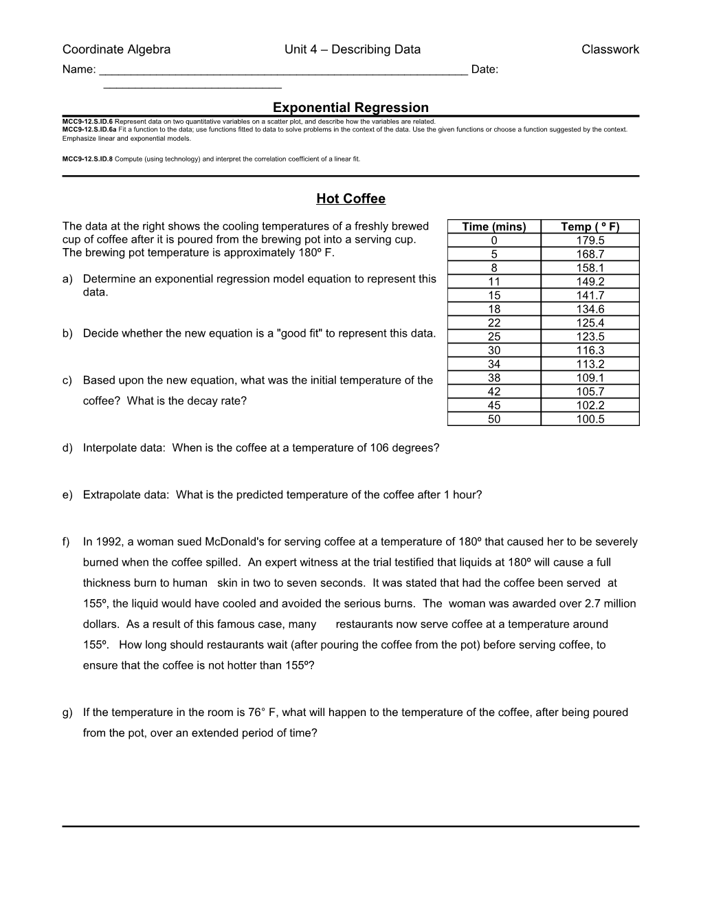 Coordinate Algebra Unit 4 Describing Dataclasswork