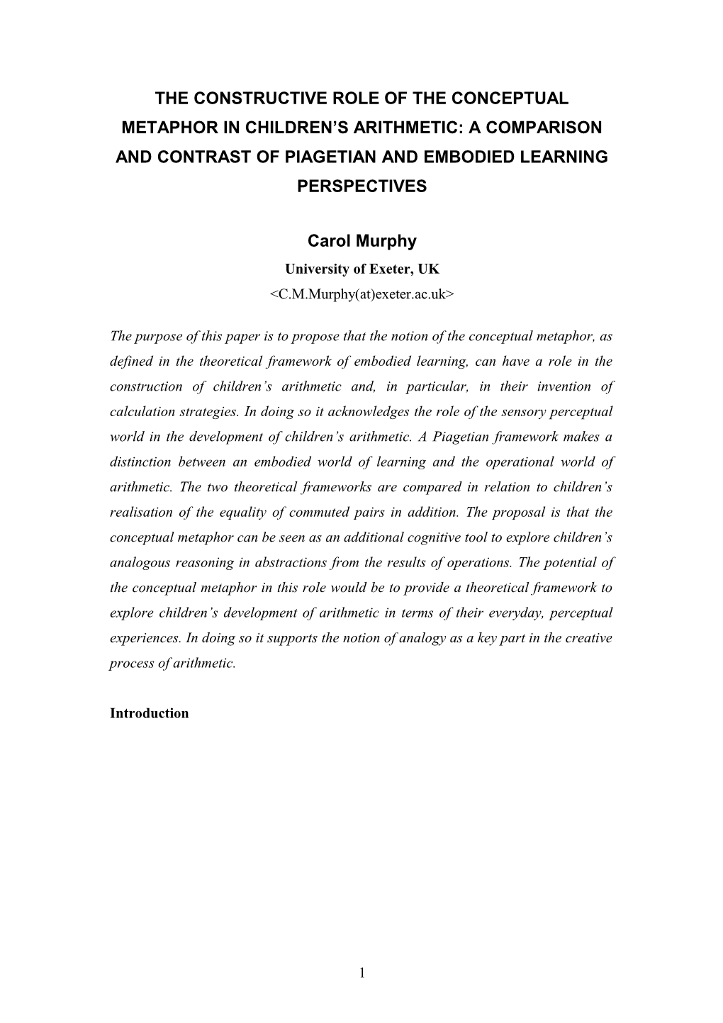 The Constructive Role of Embodiment in Children S Arithmetic: a Comparison and Contrast