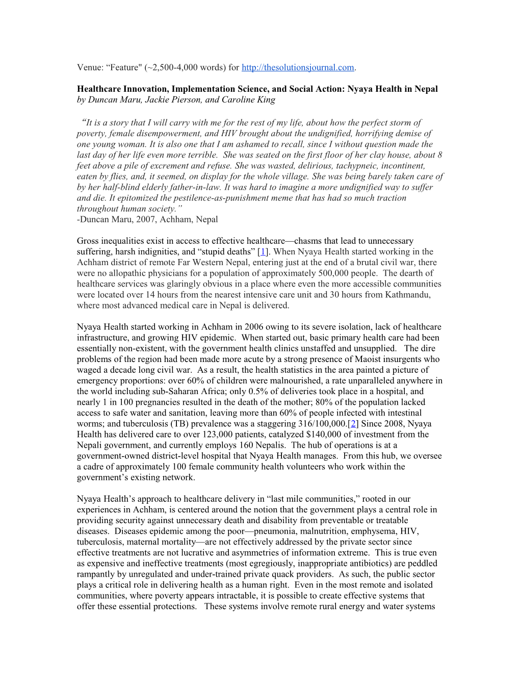 Healthcare Innovation, Implementation Science, and Social Action: Nyaya Health in Nepal