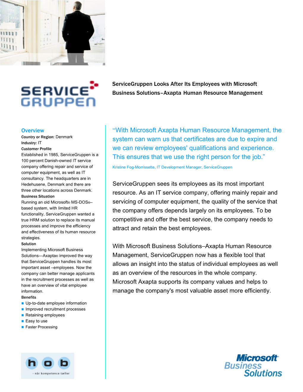 Servicegruppen Looks After Its Employees With Microsoft Business Solutions–Axapta Human Resource Management