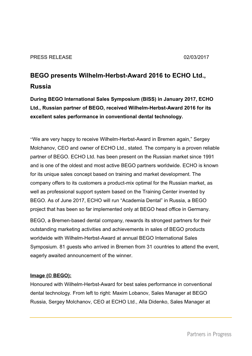 BEGO Presents Wilhelm-Herbst-Award 2016 to ECHO Ltd., Russia