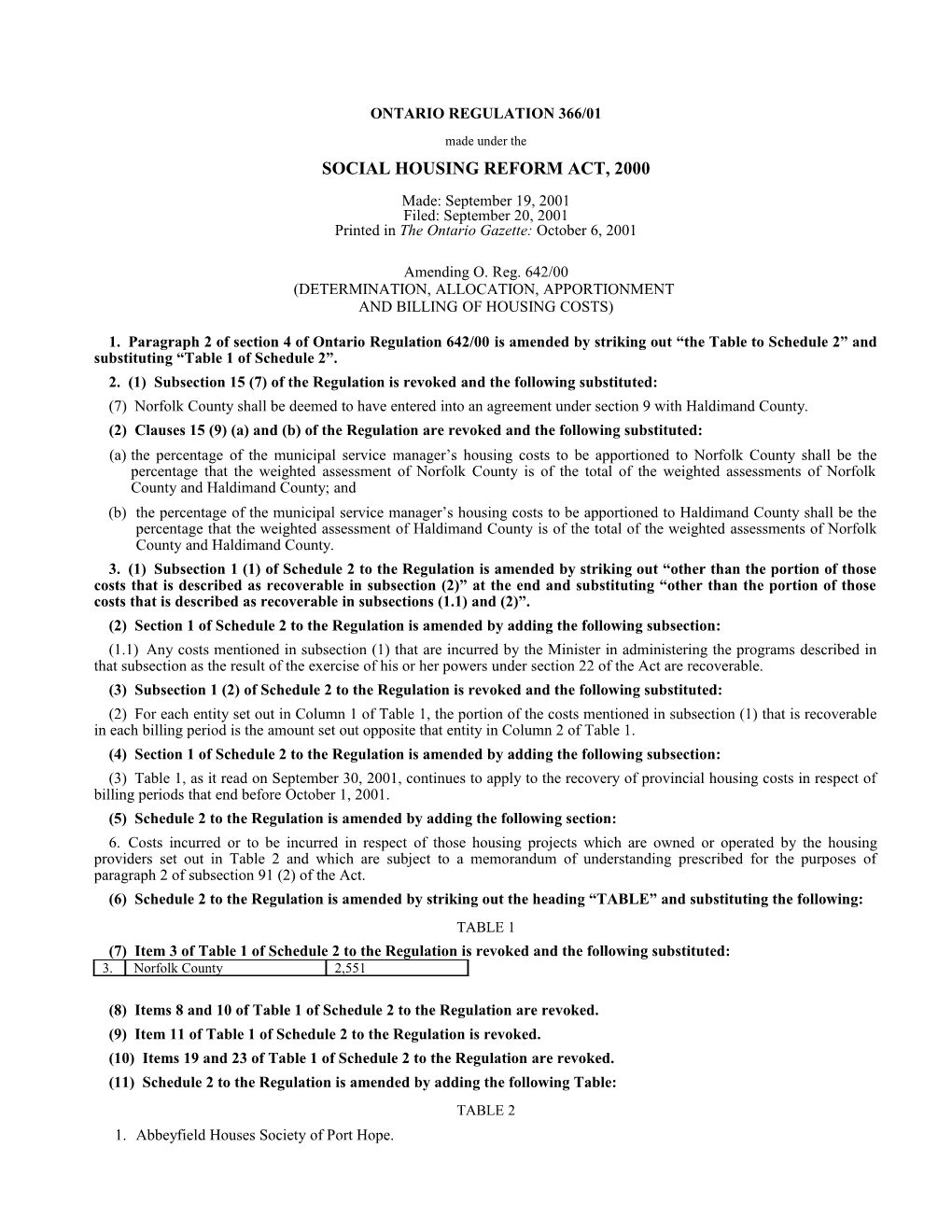 SOCIAL HOUSING REFORM ACT, 2000 - O. Reg. 366/01