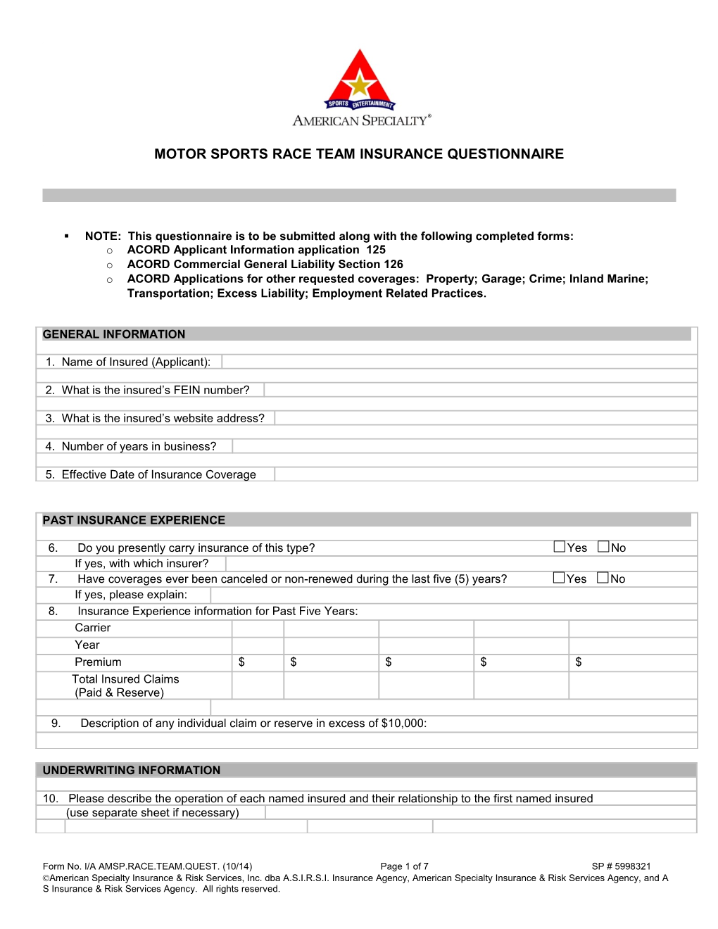 Motor Sports Race Team Insurance Questionnaire