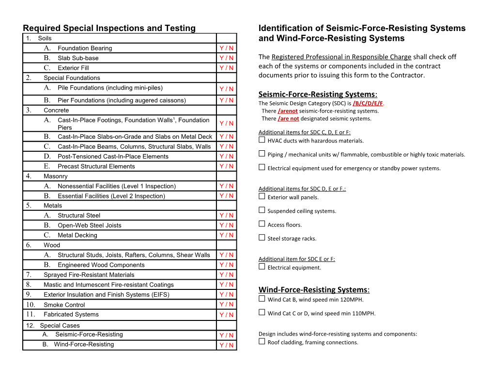 Required Special Inspections and Testing