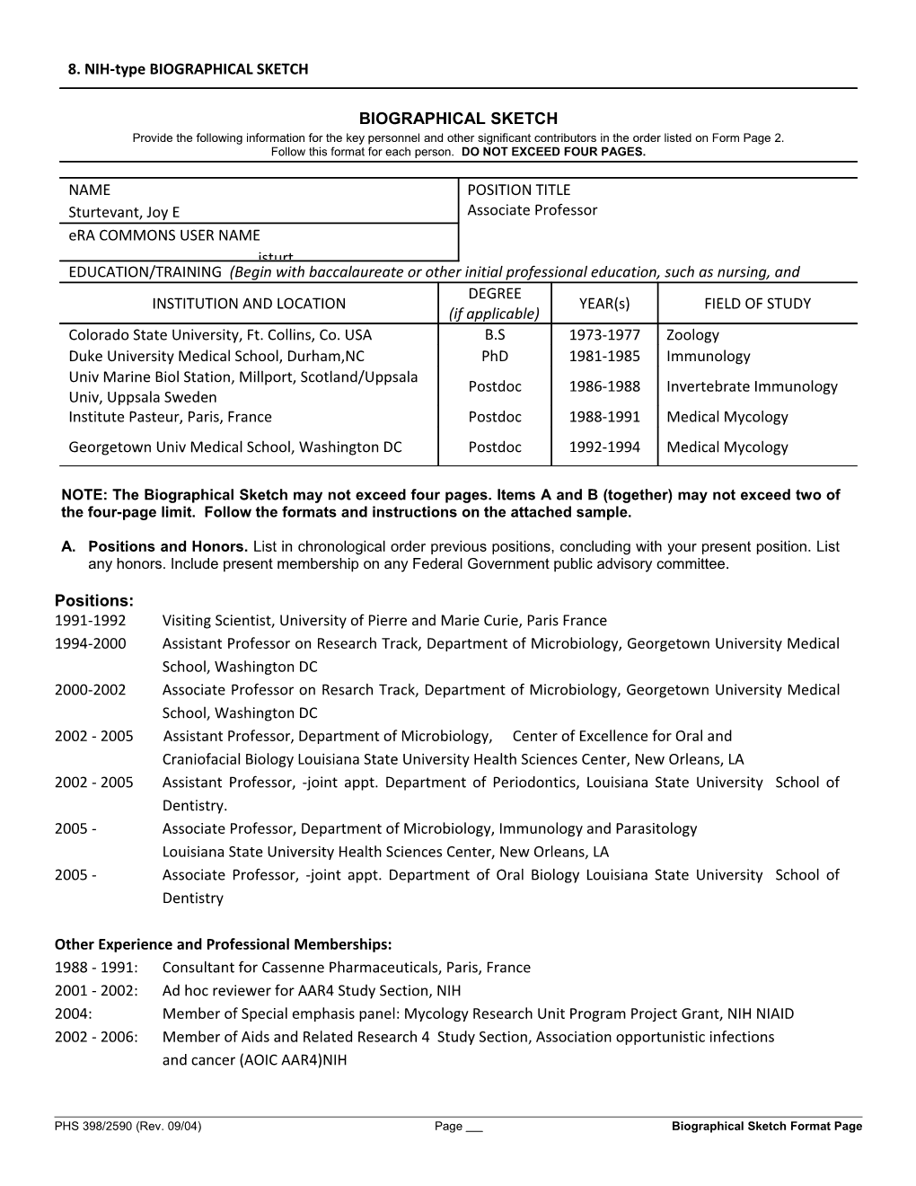 PHS 398 (Rev. 9/04), Biographical Sketch Format Page s8