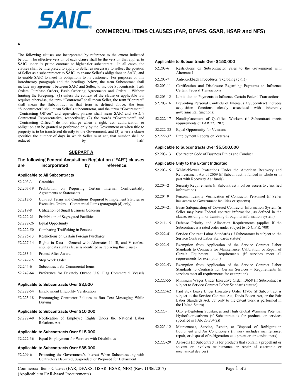 COMMERCIAL ITEMS CLAUSES (FAR, DFARS, GSAR, HSAR and NFS)