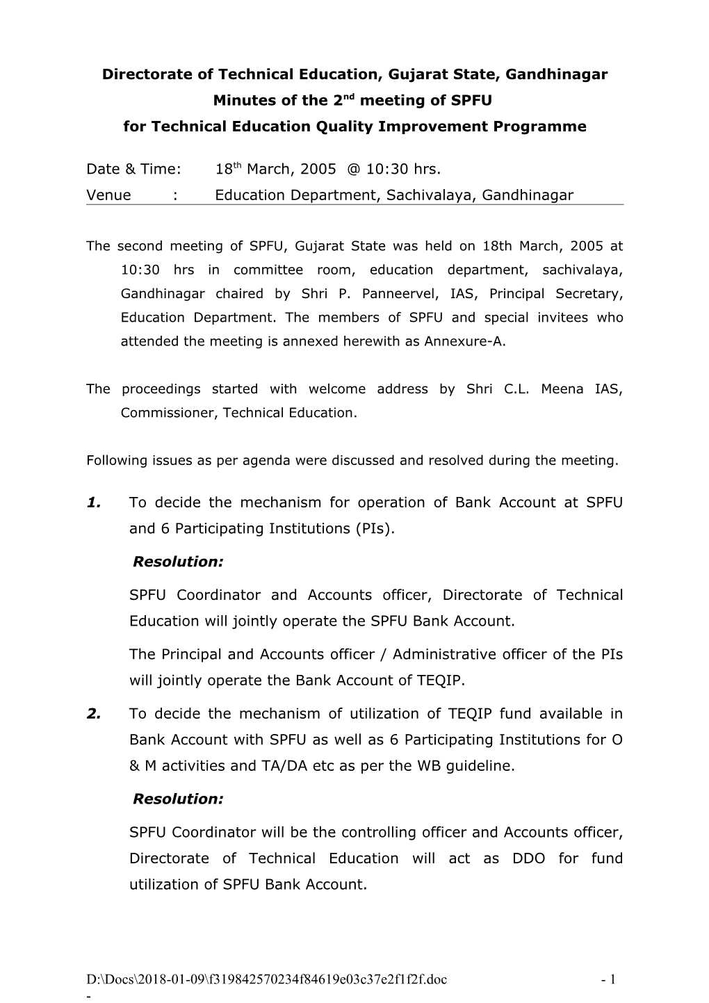 Agenda for the Meeting of SPFU Officers/Officials of DTE Held on 27Th May, 2004 at Directorate
