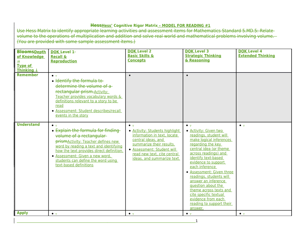 Hesshess Cognitive Rigor Matrix MODEL for READING #1