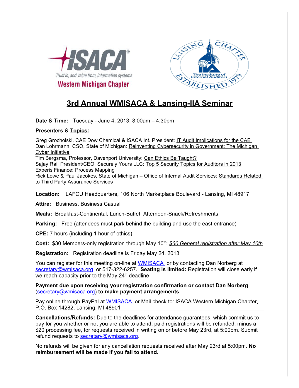 3Rd Annual WMISACA & Lansing-IIA Seminar