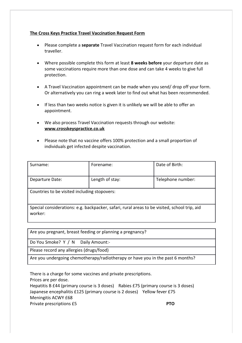 The Cross Keys Practice Travel Vaccination Request Form