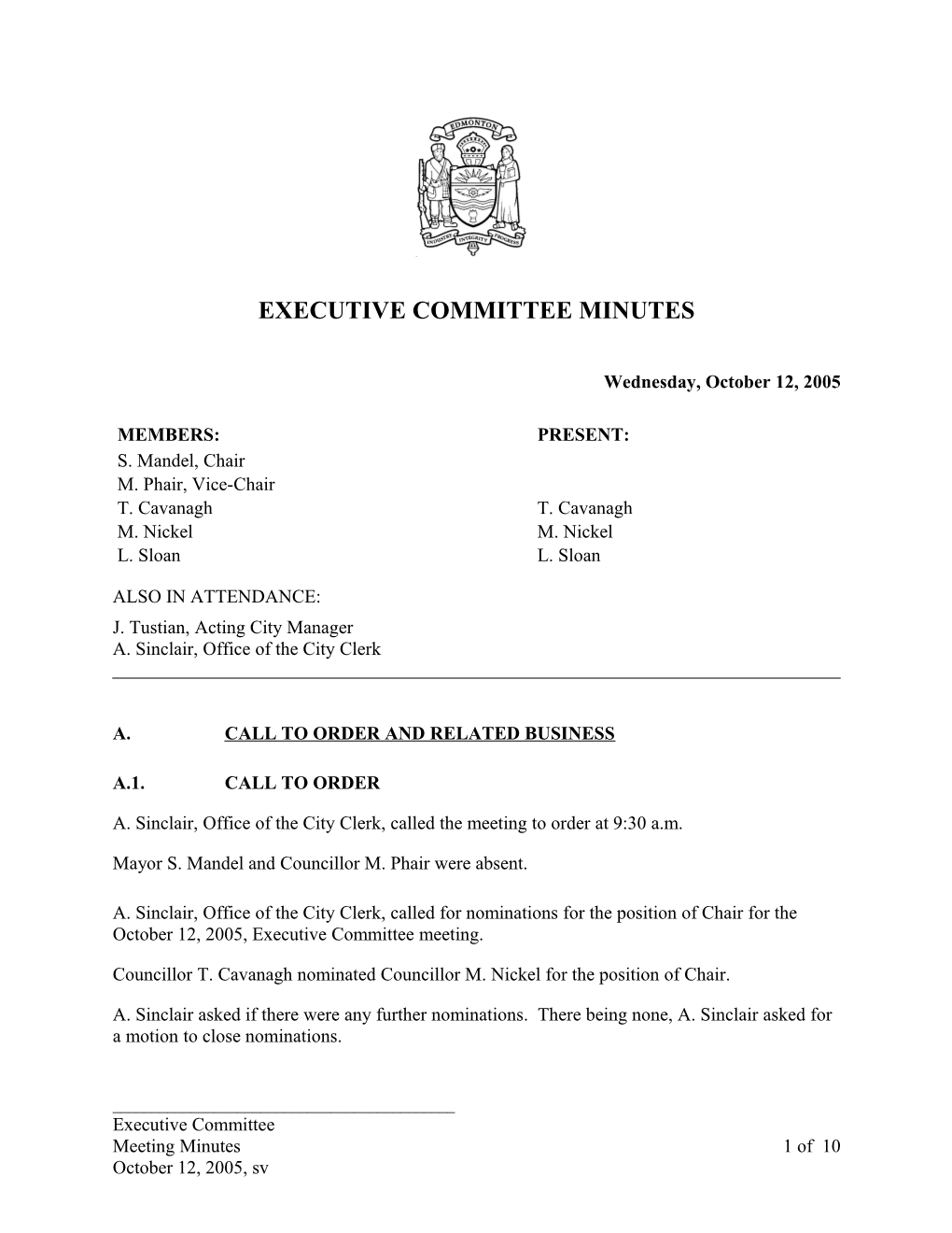 Minutes for Executive Committee October 12, 2005 Meeting