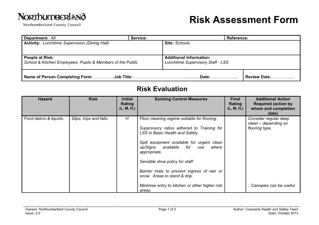 Lunchtime Supervisors - Generic Risk Assessment