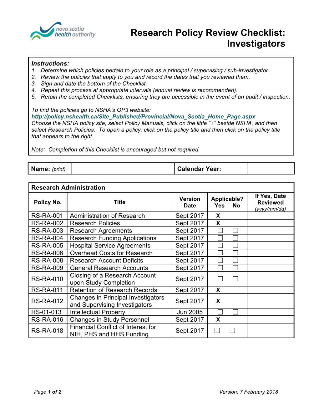 Research Policy Review Checklist: Investigators