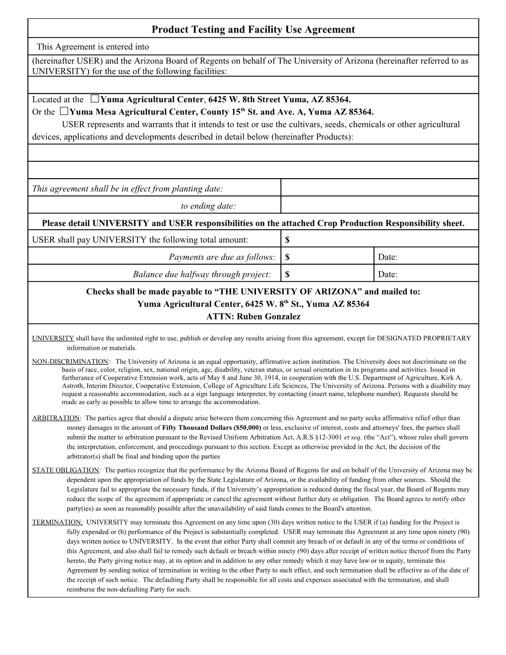 Product Testing and Facility Use Agreement