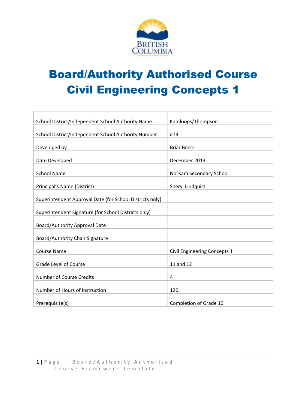 Board/Authority Authorised Course Framework Template
