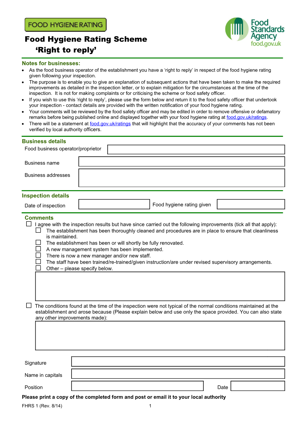 FHRS Right to Reply Form