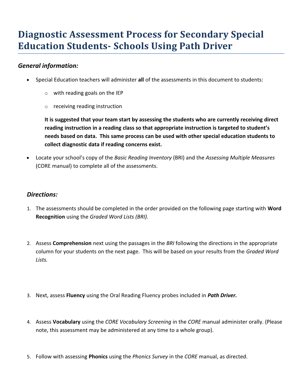 Diagnostic Assessment Process for Secondary Special Education Students- Schools Using Path