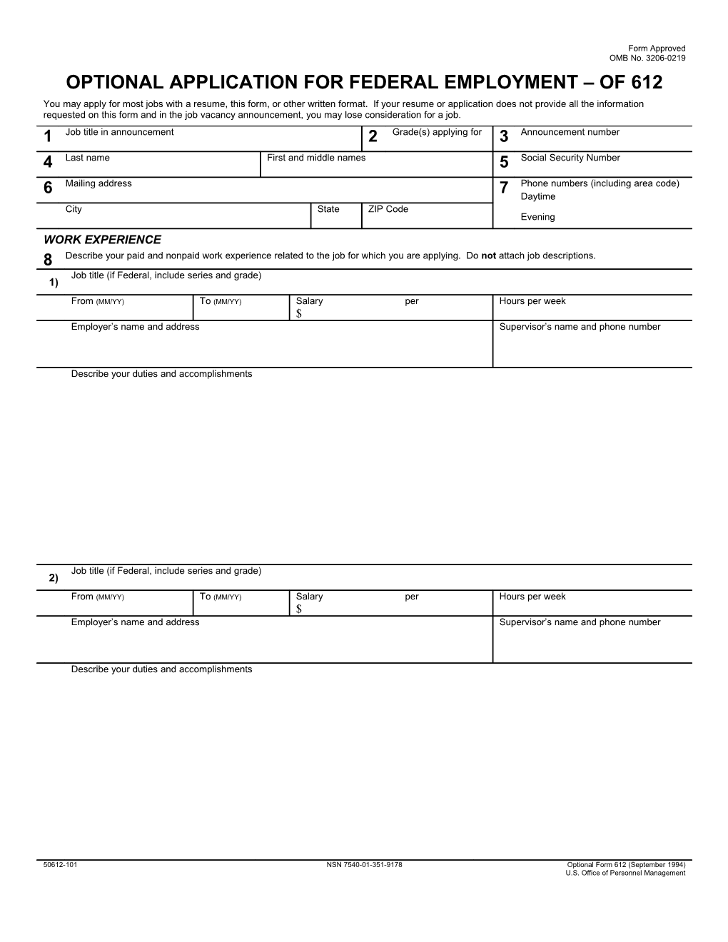 Optional Application for Federal Employment of 612