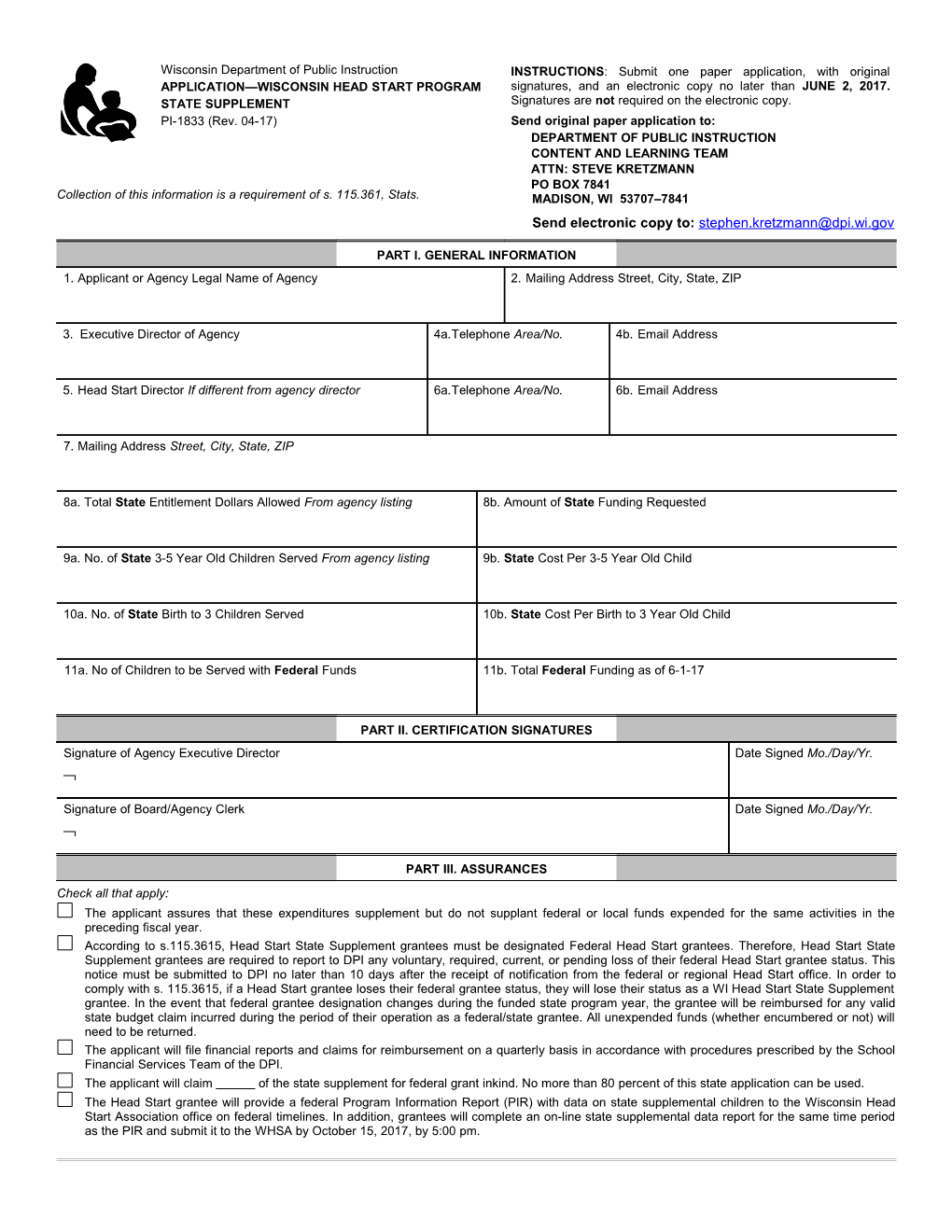 PI-1833 Application Wisconsin Head Start Program State Supplement