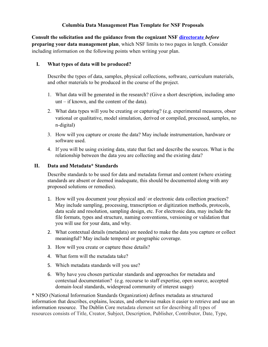 Columbia Data Management Plan Template for NSF Proposals