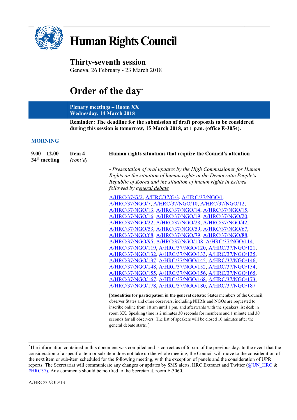 Order of the Day, Wednesday 14 March 2018