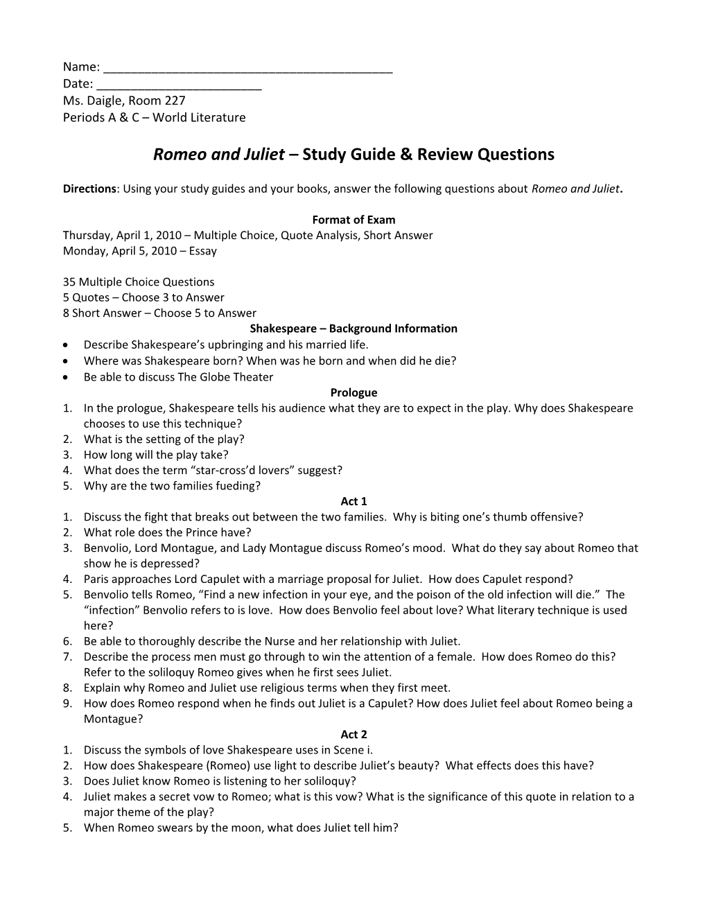 Romeo and Juliet Study Guide & Review Questions