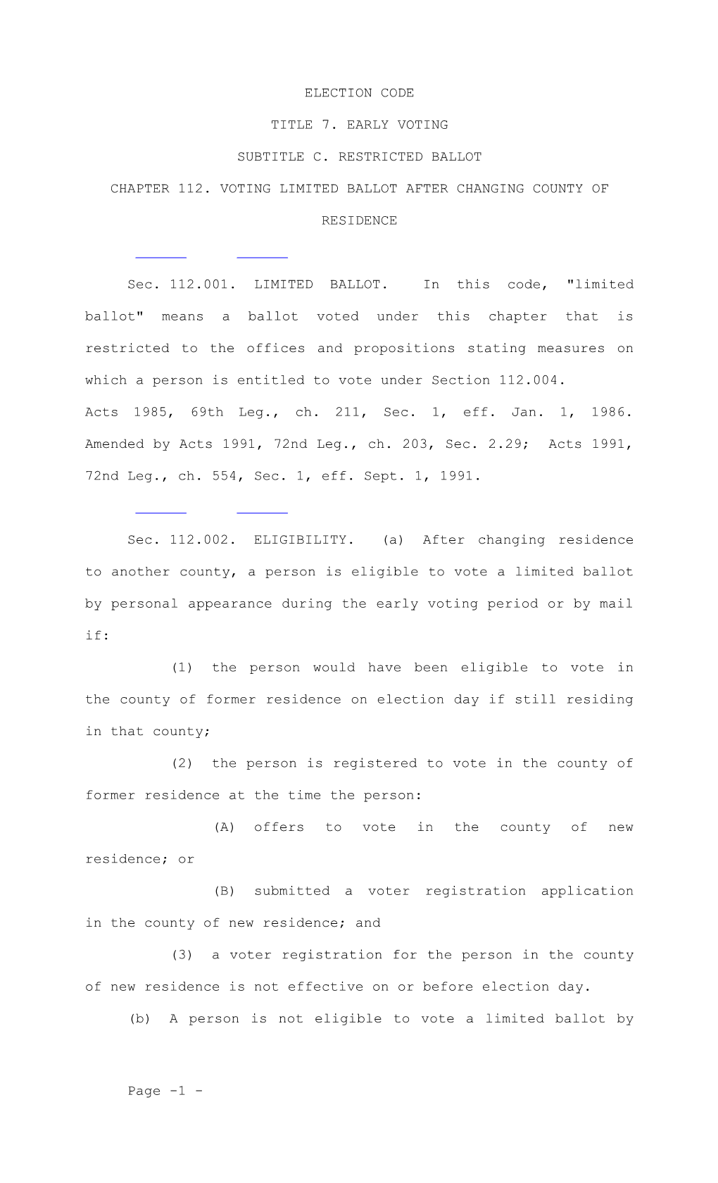 Chapter 112. Voting Limited Ballot After Changing County of Residence