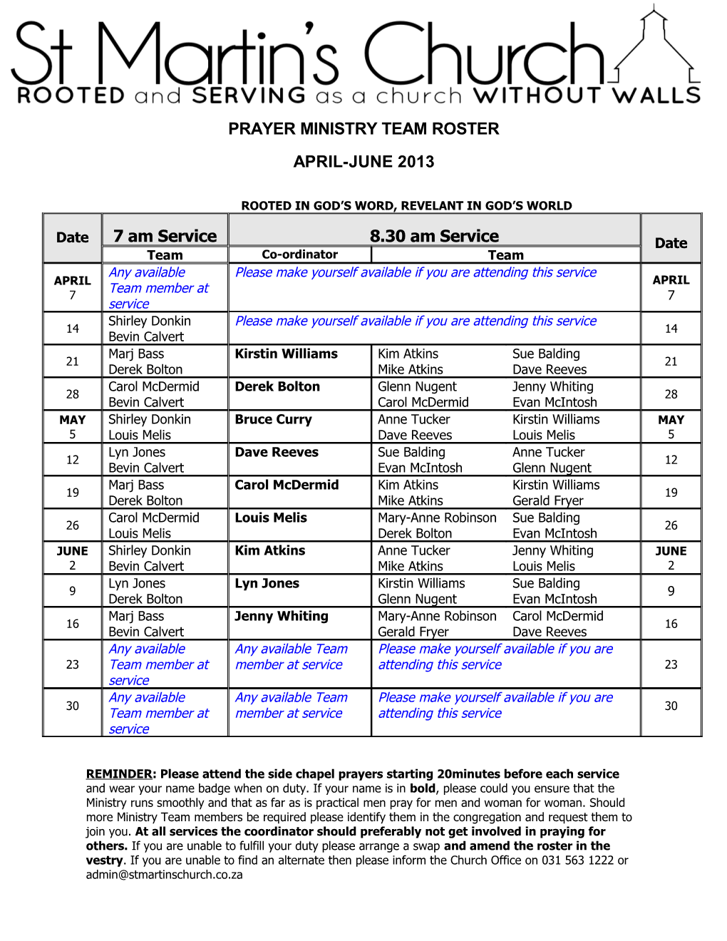 Prayer Ministry Team Roster