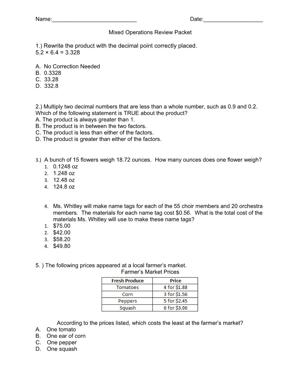 Mixed Operations Review Packet