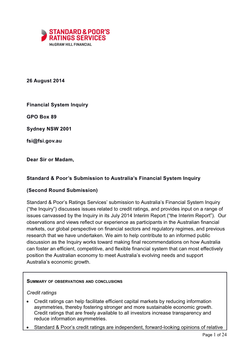Standard & Poor's - Submission to the Financial System Inquiry. Issues Set out in the Inquiry's
